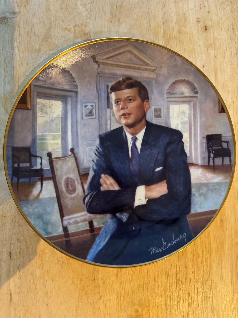 Franklin Mint Decorative Plate with John F Kennedy Navy, Gold and Cream Tones